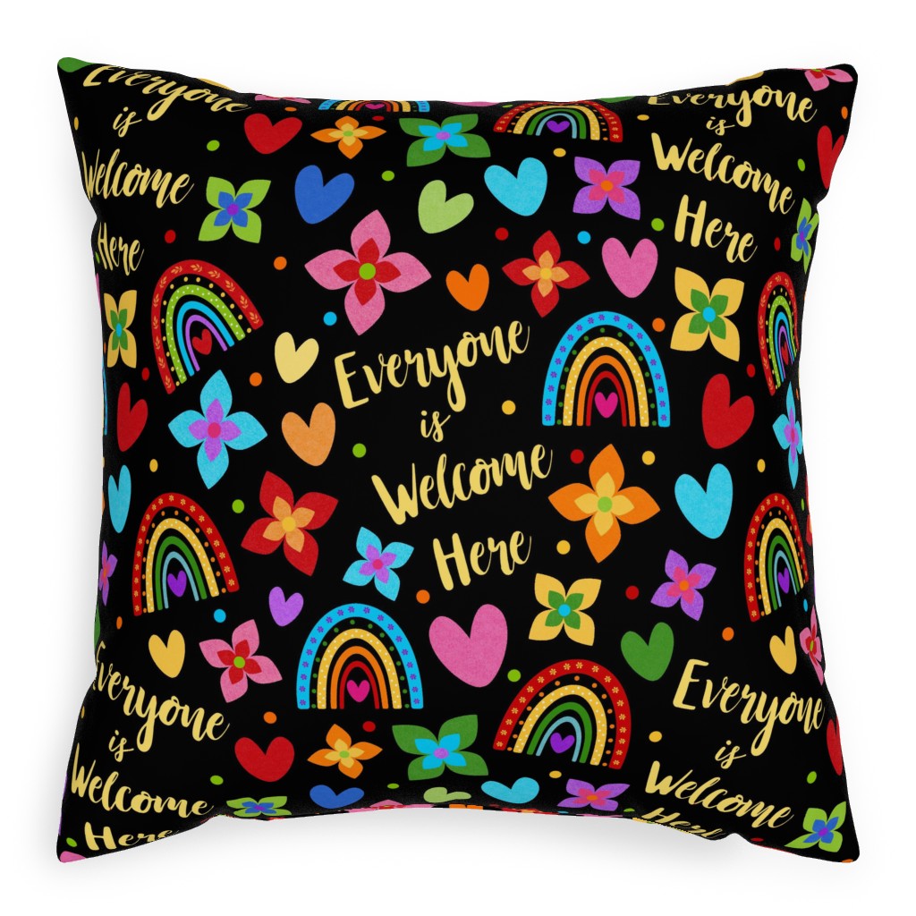 Everyone Is Welcome Here - Multi on Black Pillow, Woven, Black, 20x20, Single Sided, Multicolor
