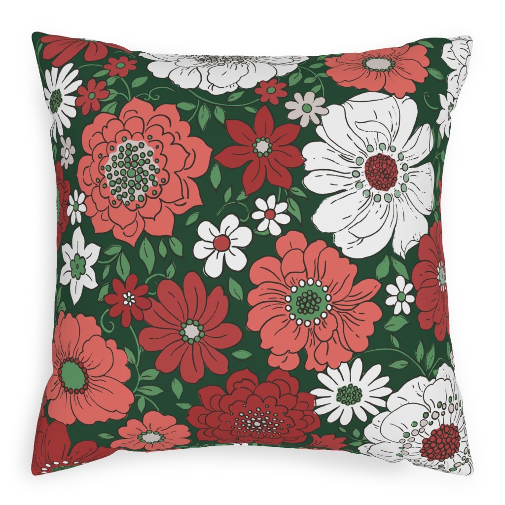 Camilla Retro Floral Christmas - Red and Green Pillow, Woven, Black, 20x20, Single Sided, Multicolor