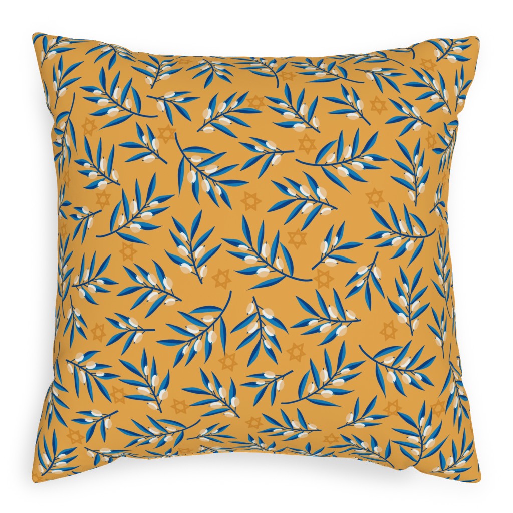 Olive Branches Hanukkah - Blue on Yellow Pillow, Woven, Black, 20x20, Single Sided, Yellow, Classic Yellow