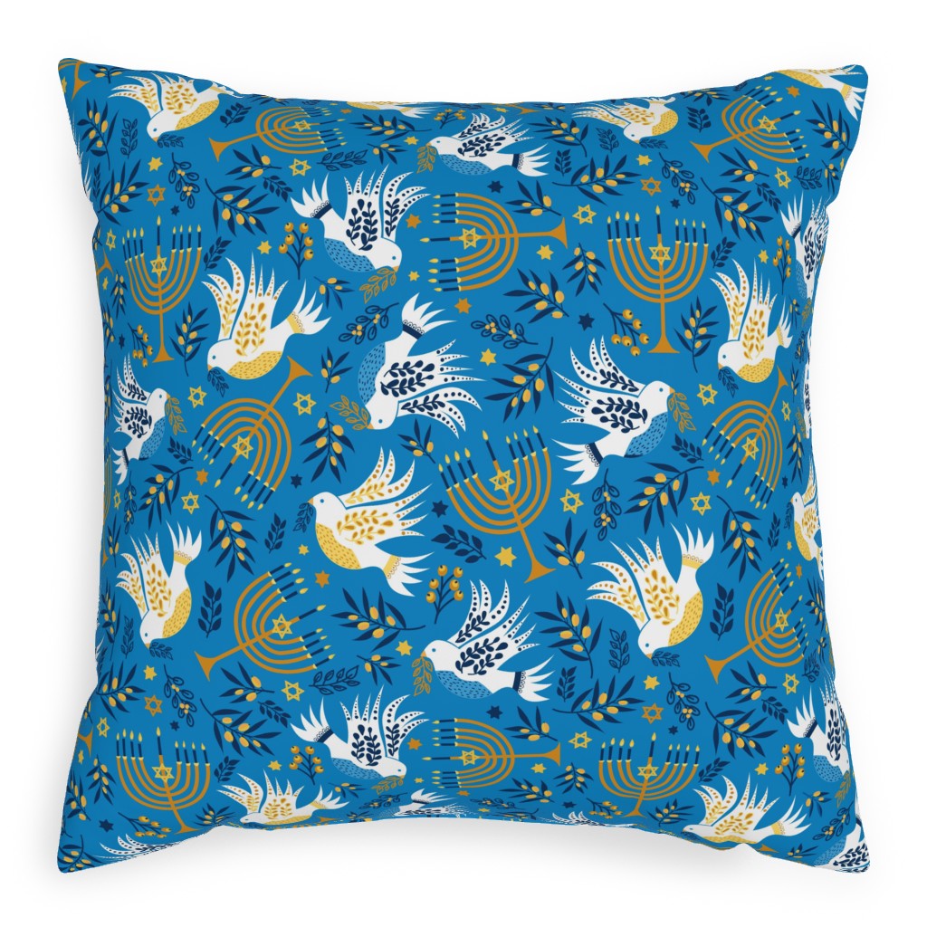 Hanukkah Birds Menorahs - Light Blue Pillow, Woven, Black, 20x20, Single Sided, Blue, True Blue