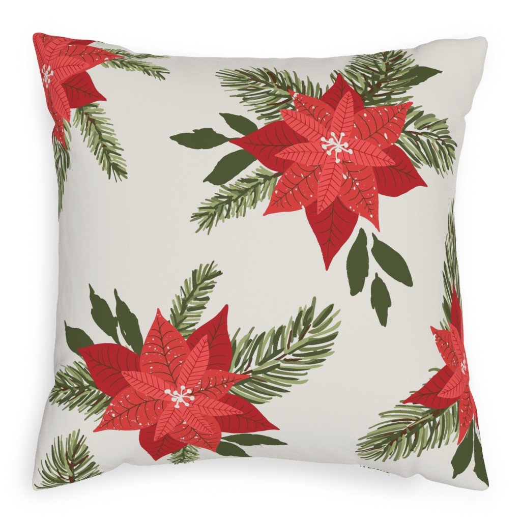 Poinsettia Christmas Flower Pillow, Woven, Black, 20x20, Single Sided, Beige, Pearl
