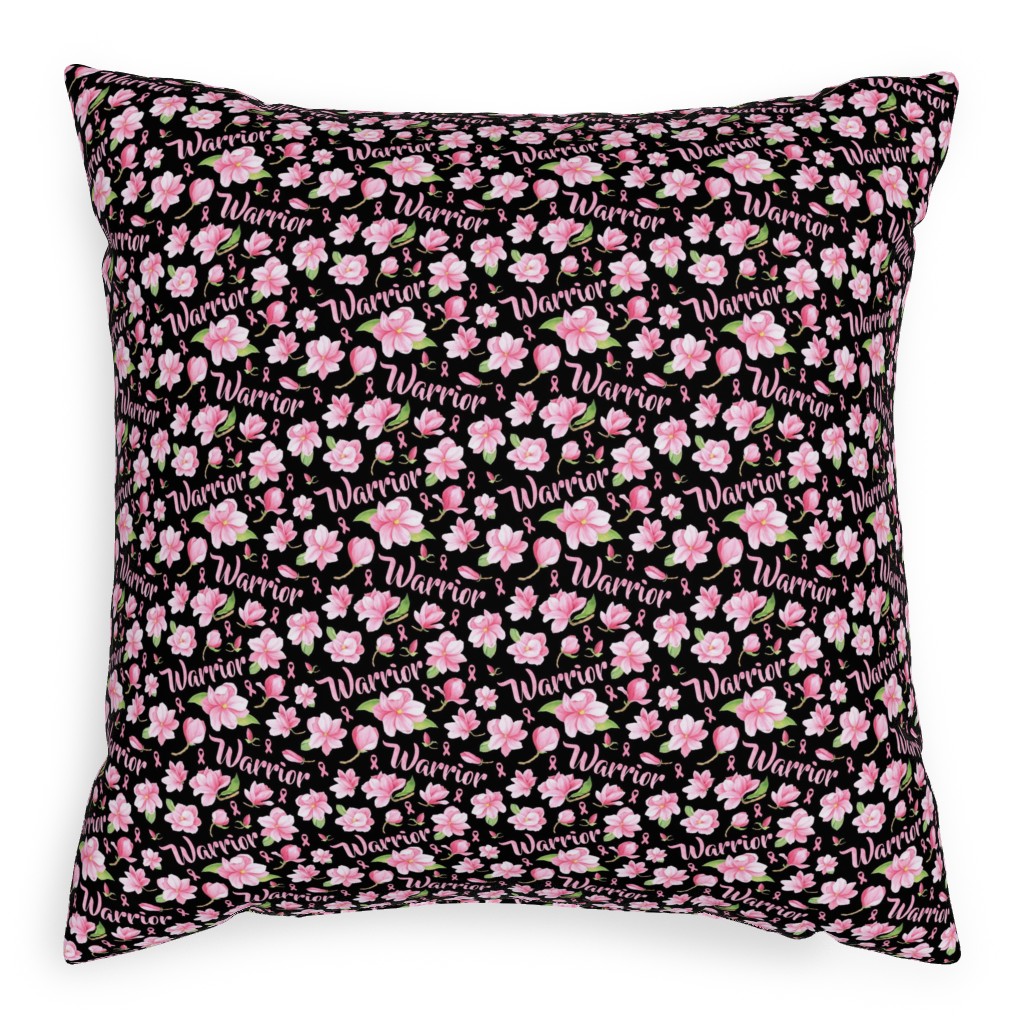 Warrior Pink Ribbon and Flowers - Pink Pillow, Woven, Black, 20x20, Single Sided, Pink