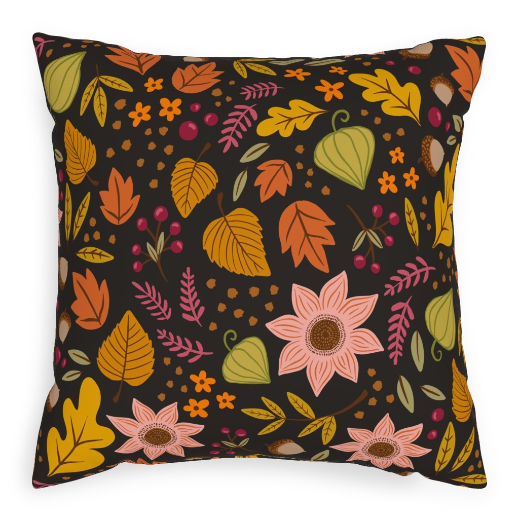 Autumn Fall Floral - Dark Pillow, Woven, Black, 20x20, Single Sided, Multicolor