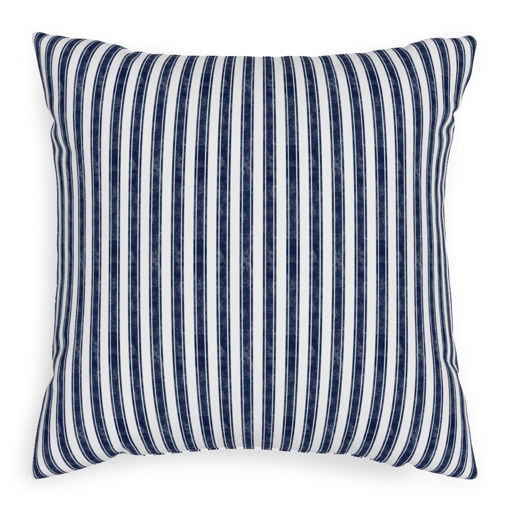 Vertical French Ticking Textured Pinstripes in Dark Midnight Navy and White Pillow, Woven, Black, 20x20, Single Sided, Blue, True Blue