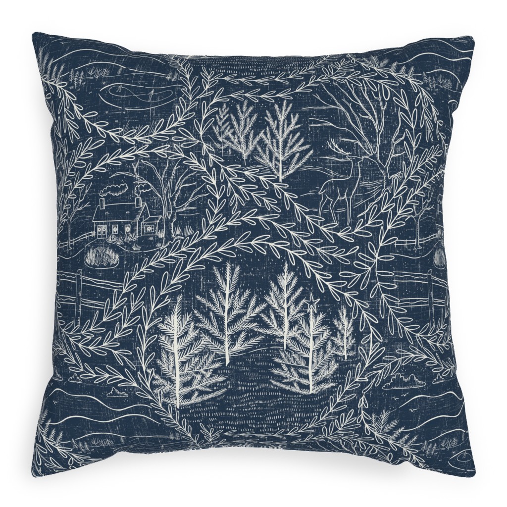 Winter Holiday Toile - Navy Pillow, Woven, Black, 20x20, Single Sided, Blue