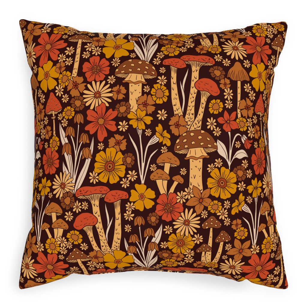 Retro 1970s Mushroom & Flowers - Brown and Orange Pillow, Woven, Black, 20x20, Single Sided, Orange, Orange