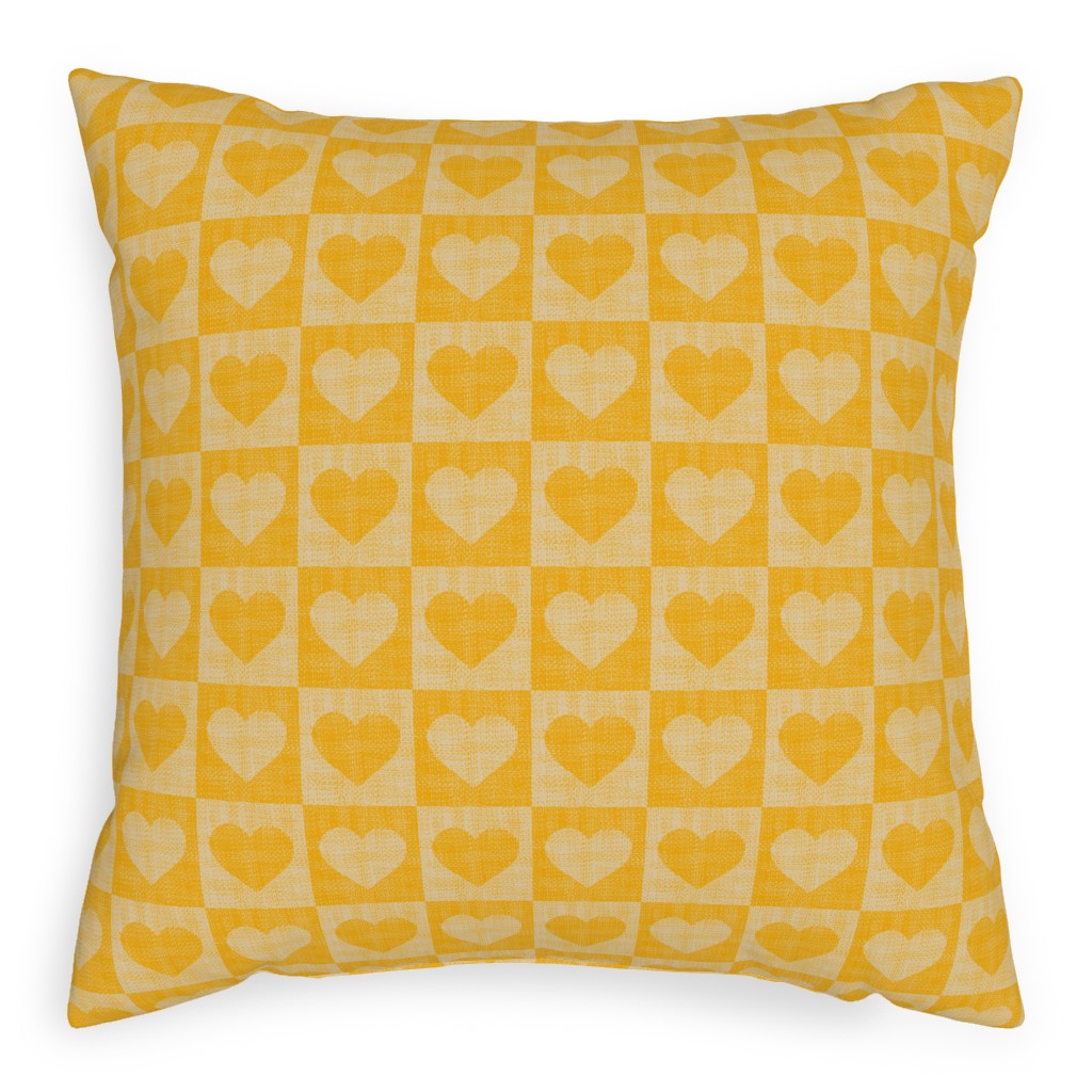 Love Hearts Check - Yellow Pillow, Woven, Black, 20x20, Single Sided, Yellow