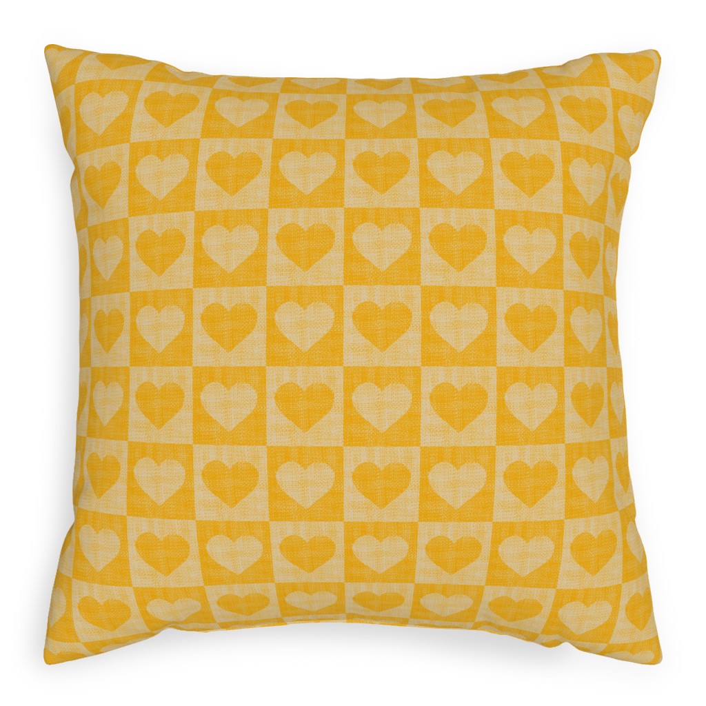 Love Hearts Check - Yellow Pillow, Woven, Black, 20x20, Single Sided, Yellow, Classic Yellow