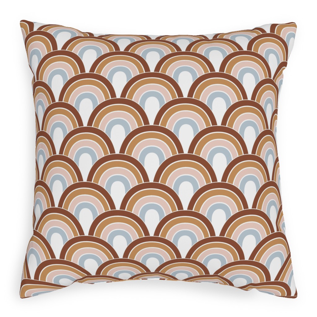 Retro Rainbow Waves - Scales and Curves - Rust Beige Blush Blue on White Pillow, Woven, Black, 20x20, Single Sided, Orange