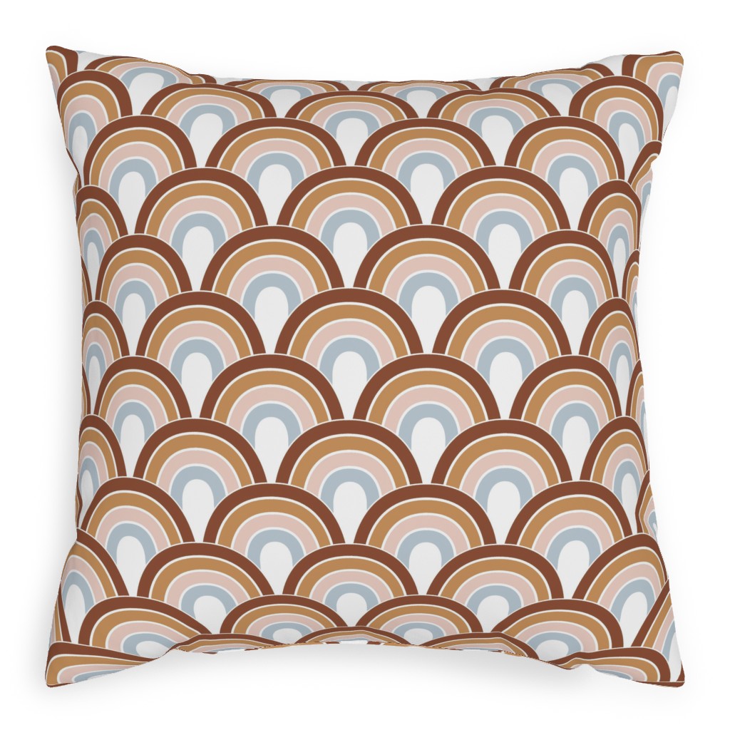 Retro Rainbow Waves - Scales and Curves - Rust Beige Blush Blue on White Pillow, Woven, Black, 20x20, Single Sided, Orange, Orange