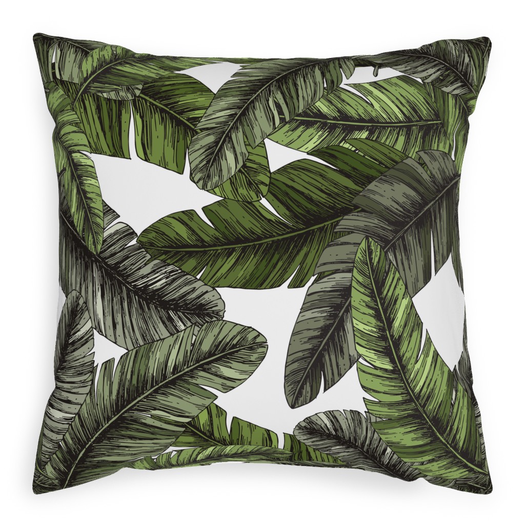 Tropical Palm Leaves - Green Pillow, Woven, Black, 20x20, Single Sided, Green