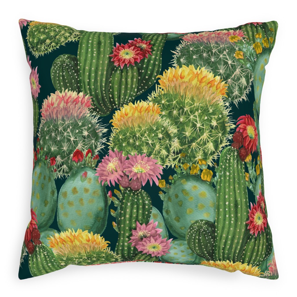 Tropical Cactus Flowers Pillow, Woven, Black, 20x20, Single Sided, Multicolor