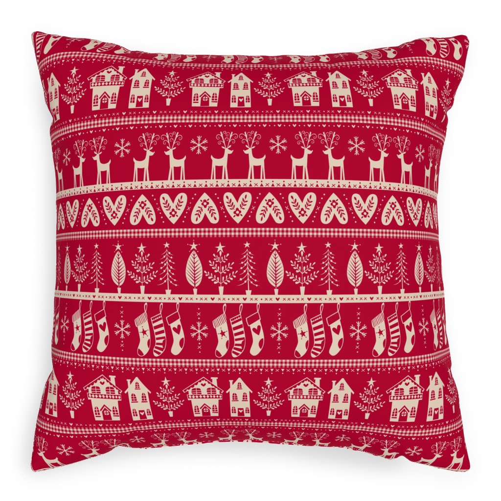 Vintage Nordic Christmas Pillow, Woven, Black, 20x20, Single Sided, Red