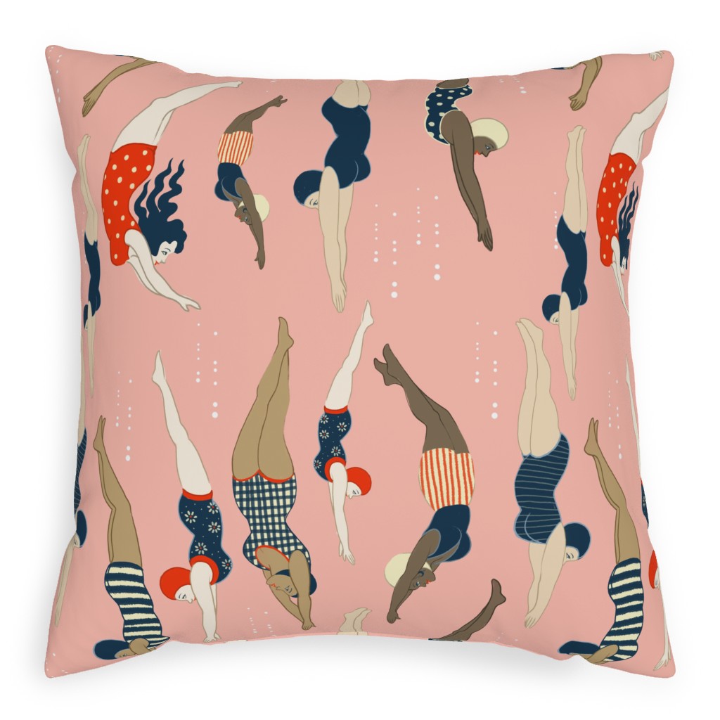 Lady Divers - Pink Pillow, Woven, Black, 20x20, Single Sided, Pink, Bright Pink