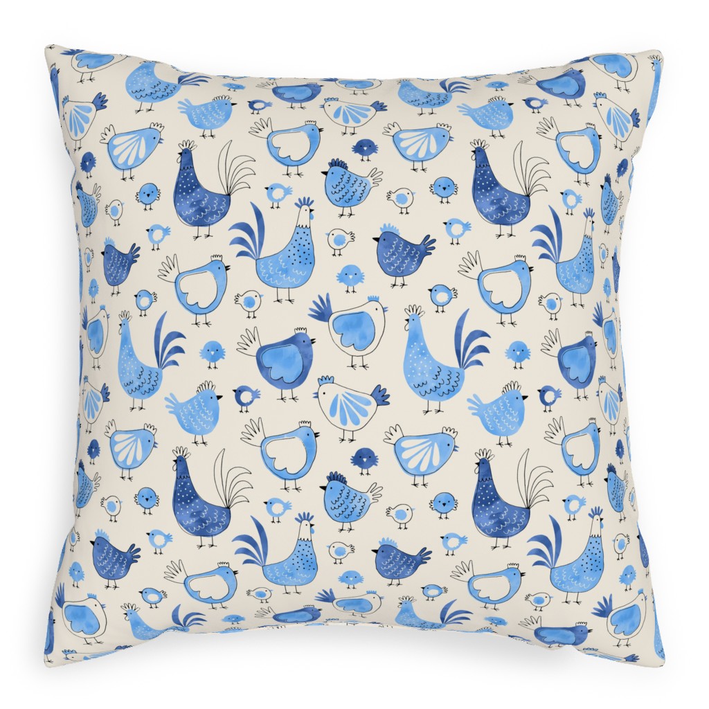 Chicken and Rooster - Watercolor - Blue on Creme Pillow, Woven, Black, 20x20, Single Sided, Blue