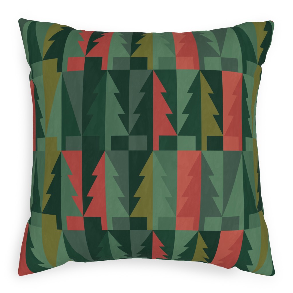 Geometric Forest - Red and Green Pillow, Woven, Black, 20x20, Single Sided, Green
