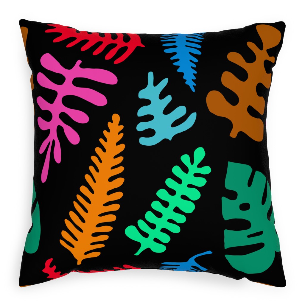 Mod Minimalist Leaves - Multi on Black Pillow, Woven, Black, 20x20, Single Sided, Multicolor