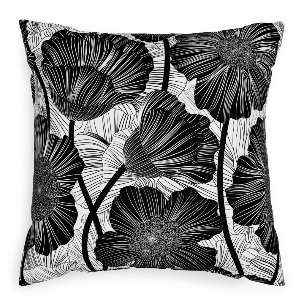 Mid Century Modern Floral - Black and White Pillow, Woven, Black, 20x20, Single Sided, Black