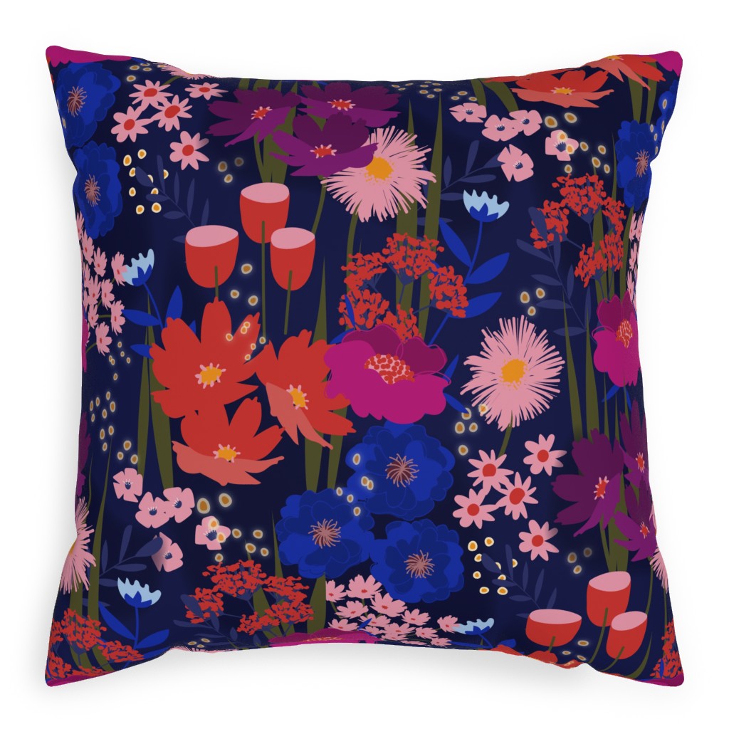 Summer Nights Floral - Dark Pillow, Woven, Black, 20x20, Single Sided, Multicolor