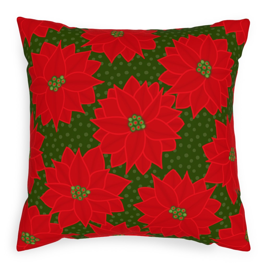 Christmas Poinsettia on Green Pillow, Woven, Black, 20x20, Single Sided, Red, Red