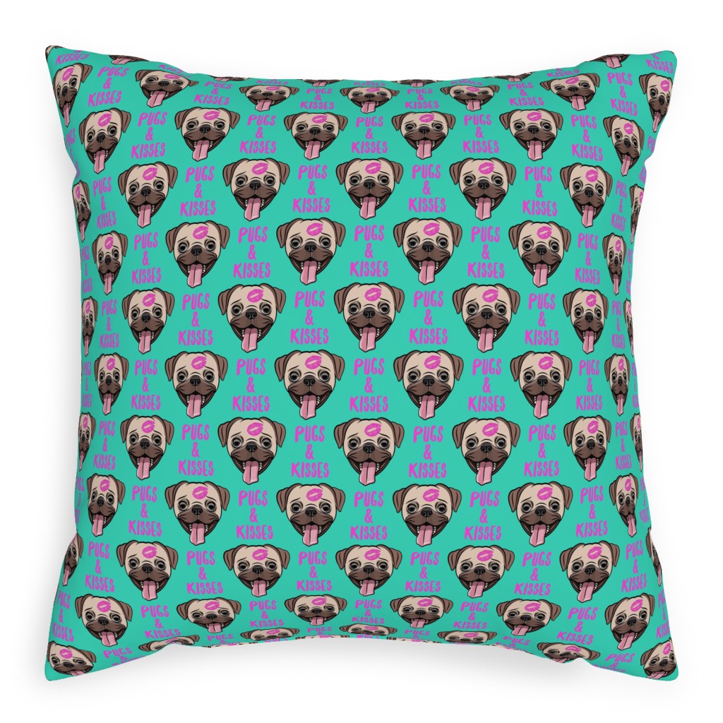 Pugs & Kisses - Cute Pug Dog - Teal Pillow, Woven, Black, 20x20, Single Sided, Green
