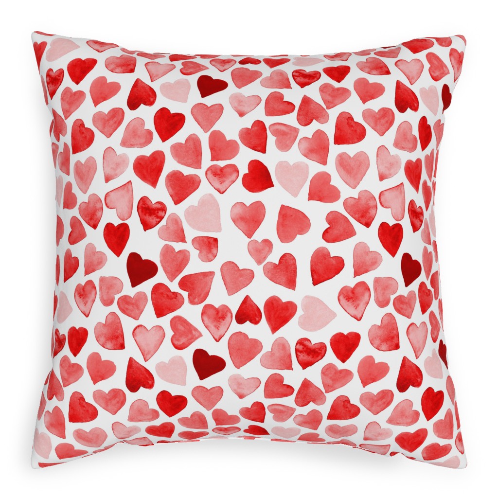 Red Hearts Watercolor - Red Pillow, Woven, Black, 20x20, Single Sided, Red