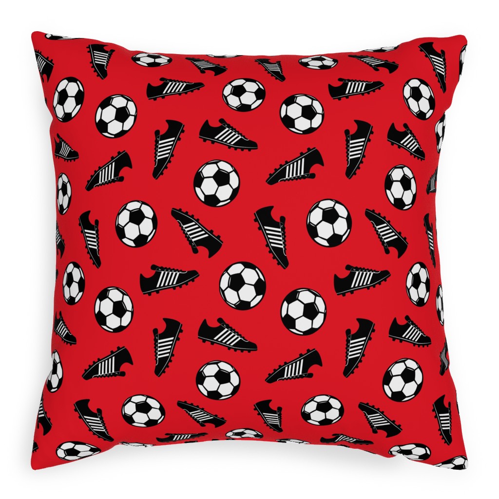 Soccer Balls and Cleats Pillow, Woven, Black, 20x20, Single Sided, Red