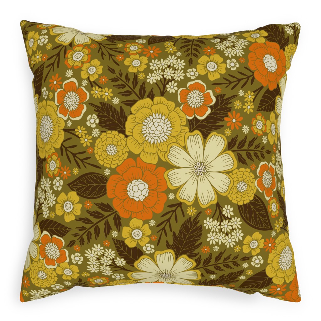 1970s Retro/Vintage Floral - Yellow and Brown Pillow, Woven, Black, 20x20, Single Sided, Yellow