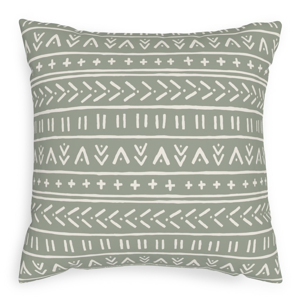 Organic Mudcloth - Bone on Desert Sage Pillow, Woven, Black, 20x20, Single Sided, Green