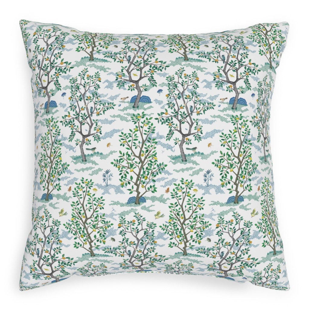 Citrus Trees - Blue and Green on White Pillow, Woven, Beige, 20x20, Single Sided, Green, Classic Green
