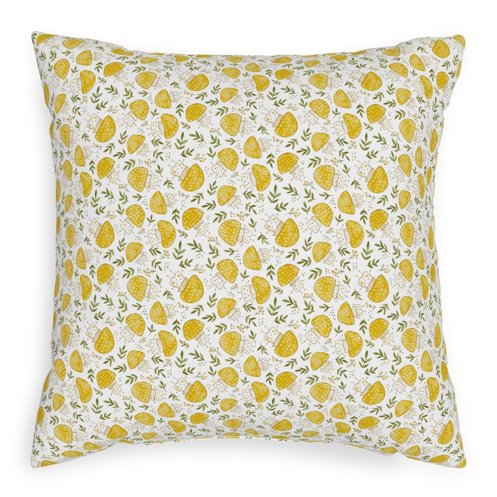 the Happiest Little Mushrooms - Yellow Pillow, Woven, Beige, 20x20, Single Sided, Yellow