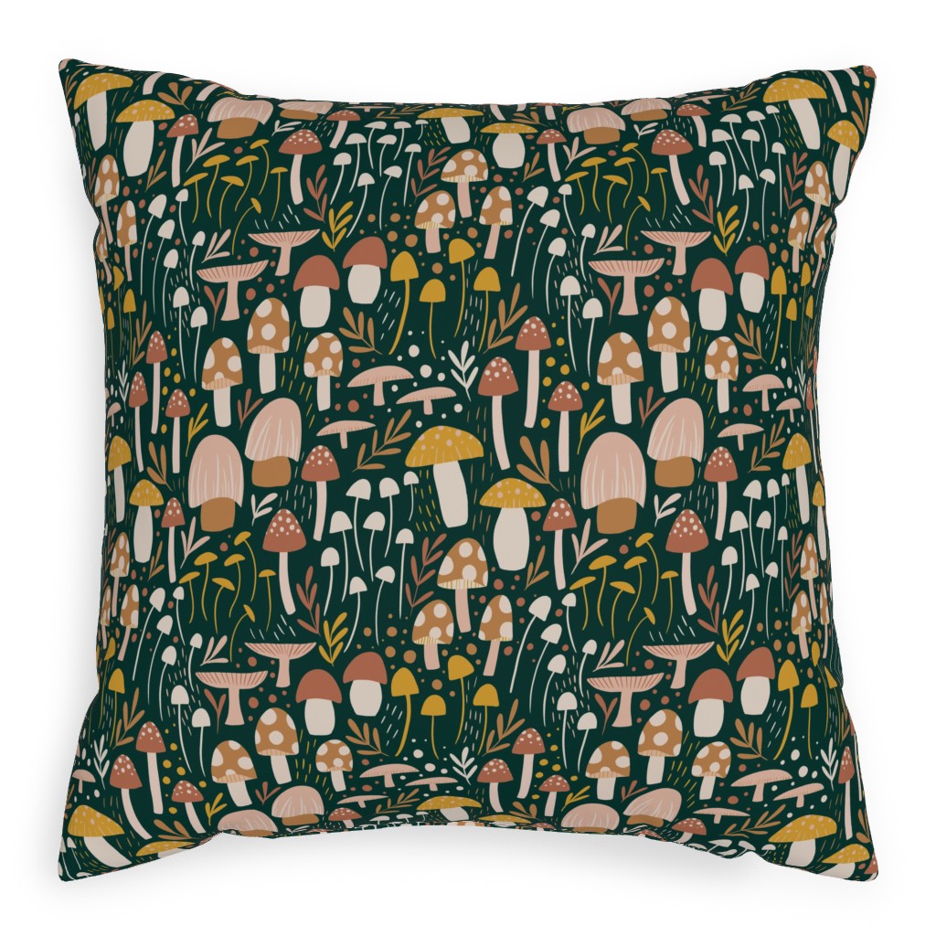 Woodland Mushroom Meadow - Green Pillow, Woven, Beige, 20x20, Single Sided, Green, Classic Green