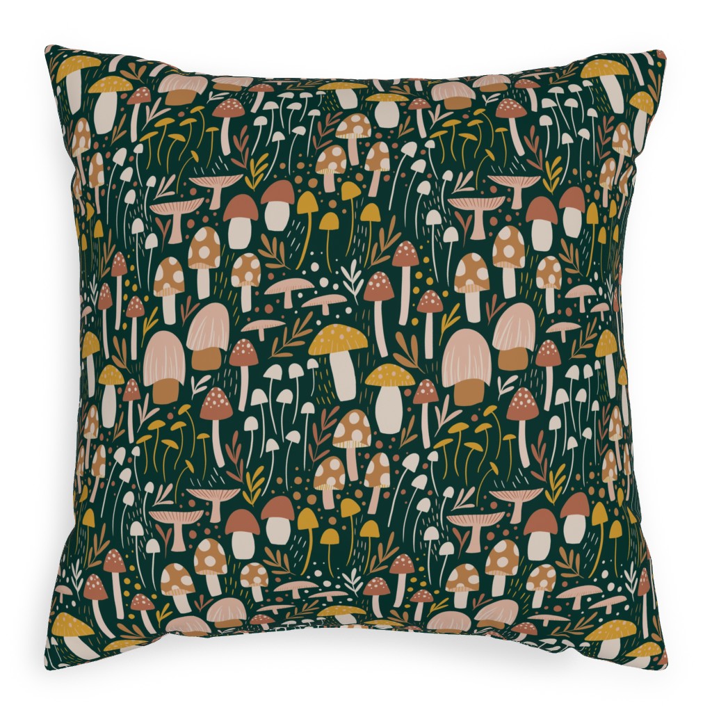 Woodland Mushroom Meadow - Green Pillow, Woven, Beige, 20x20, Single Sided, Green