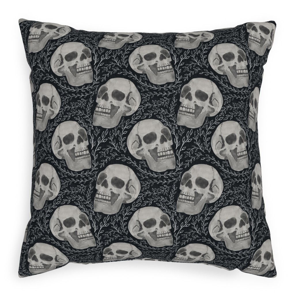 Watercolor Skulls With Flourish - Dark Pillow, Woven, Beige, 20x20, Single Sided, Gray