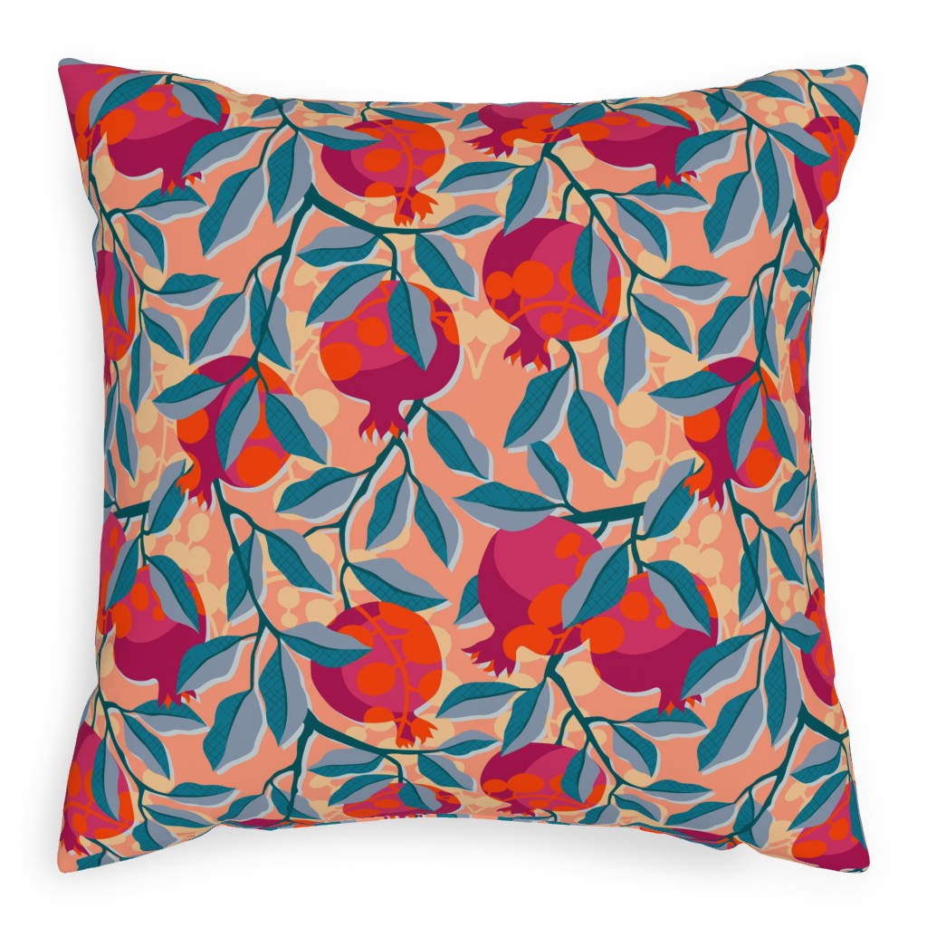 Retro Pomegranate- Pink and Blue Pillow, Woven, Beige, 20x20, Single Sided, Multicolor