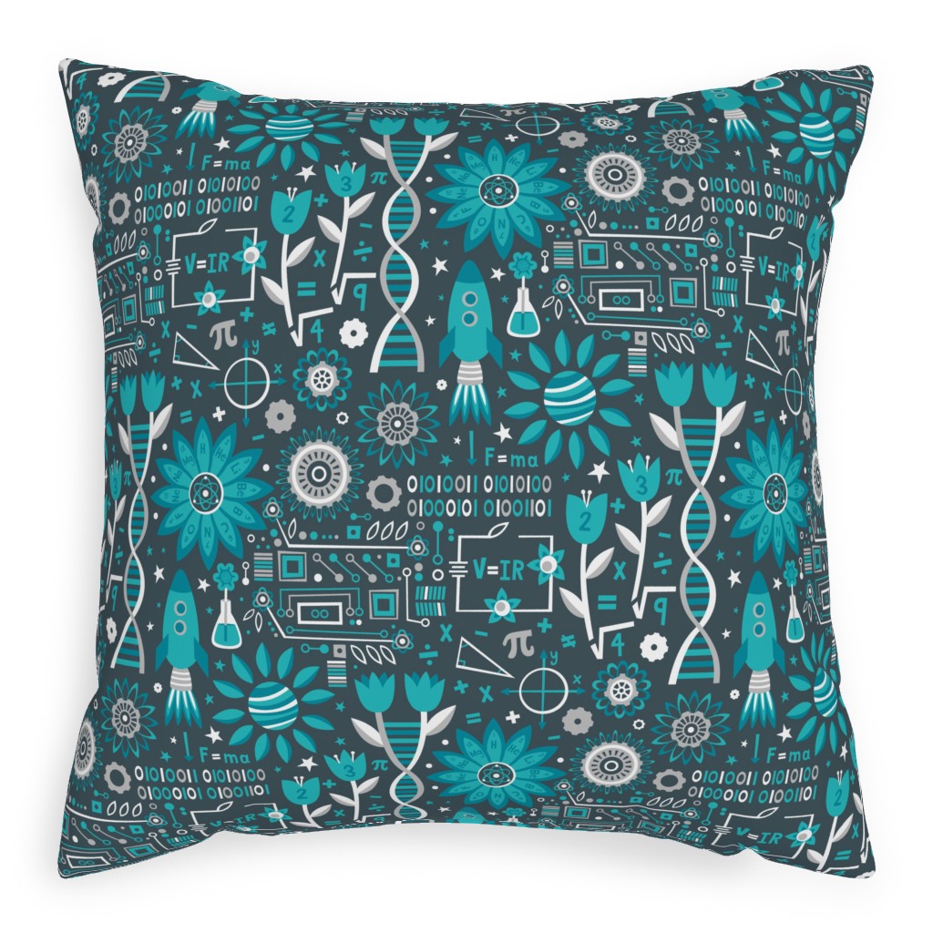 Flowers and Stem Pillow, Woven, Beige, 20x20, Single Sided, Blue, Boardwalk