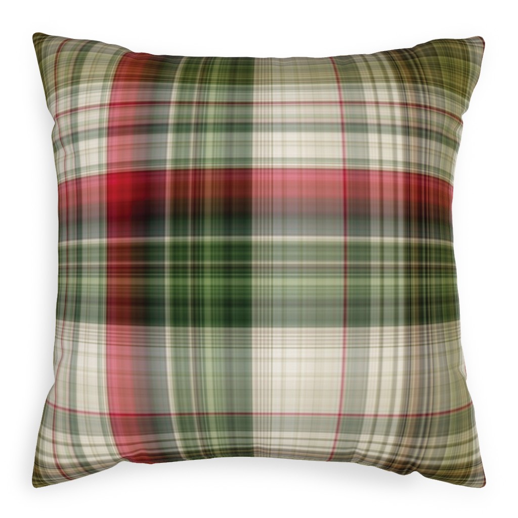 Christmas Plaid - Green, White and Red Pillow, Woven, Beige, 20x20, Single Sided, Green