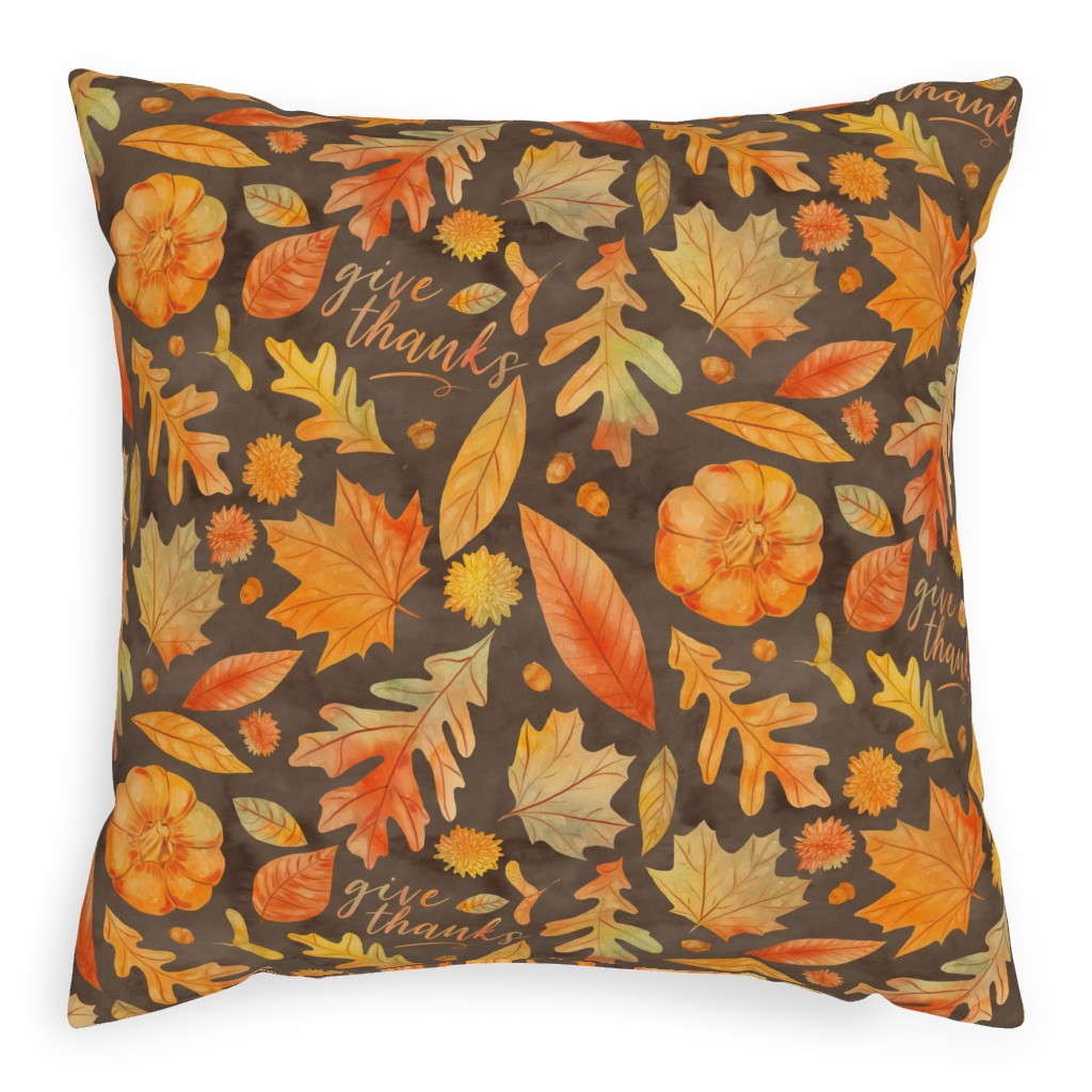 Give Thanks Watercolor Leaves - Brown Pillow, Woven, Beige, 20x20, Single Sided, Orange