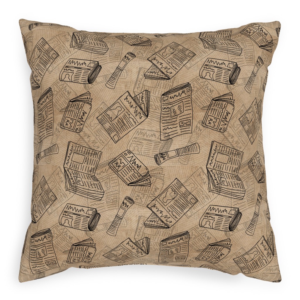 Newsprint Pillow, Woven, Beige, 20x20, Single Sided, Brown