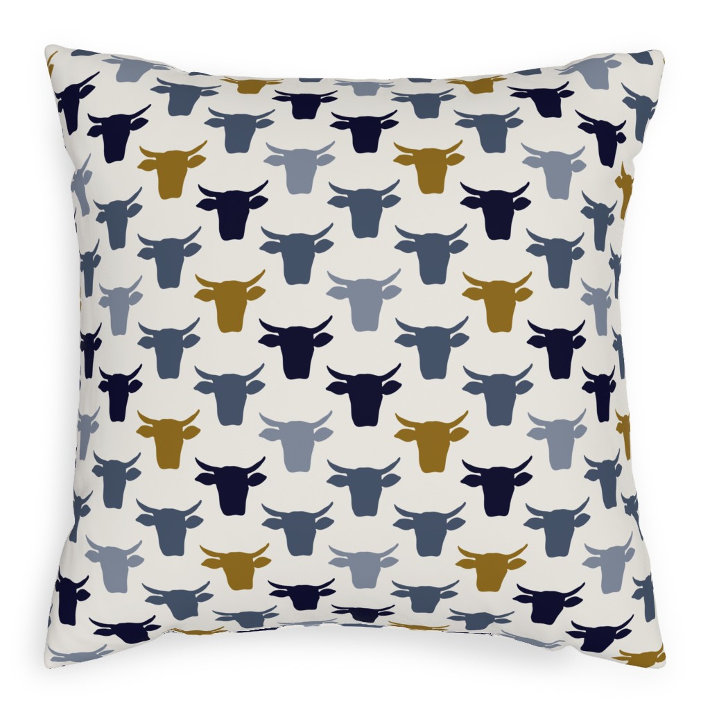 Cows Pillow, Woven, Beige, 20x20, Single Sided, Blue