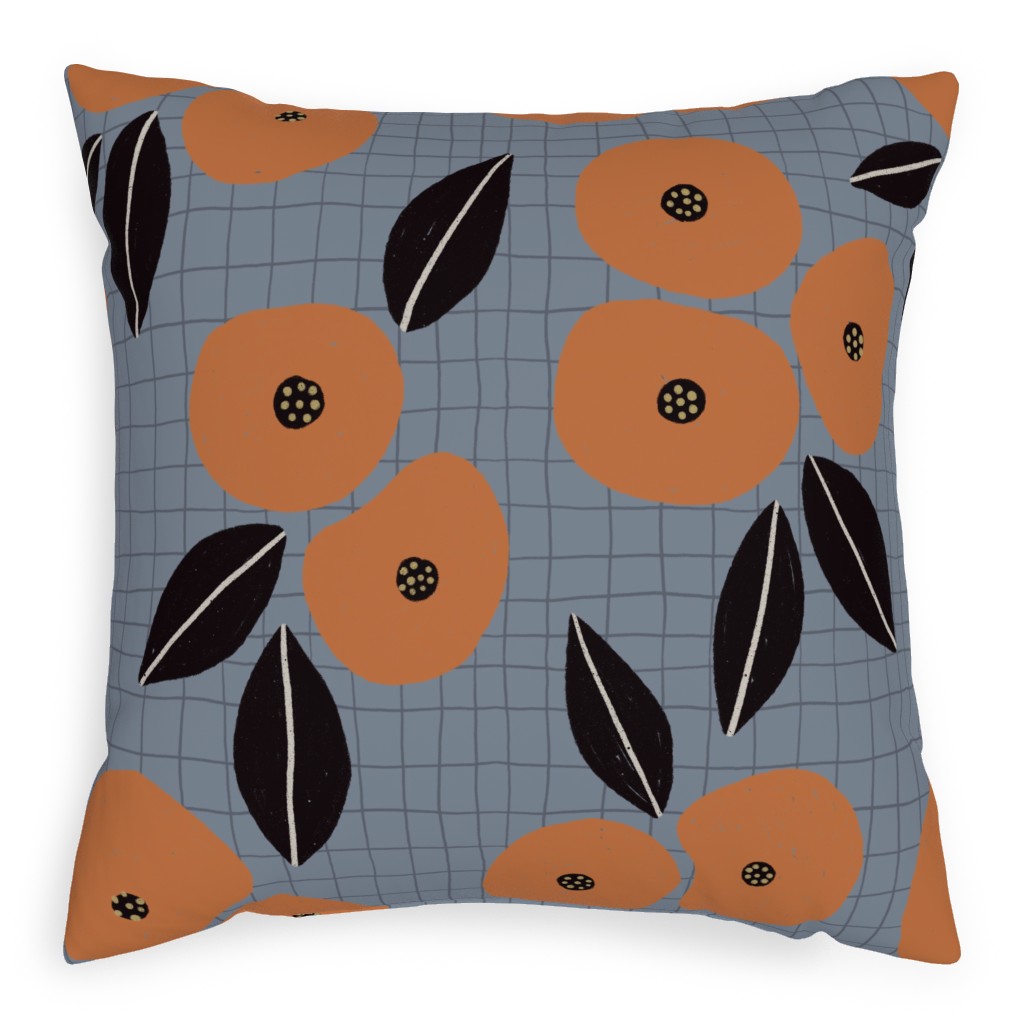 Ingrid Floral - Orange on Blue Pillow, Woven, Beige, 20x20, Single Sided, Blue, True Blue