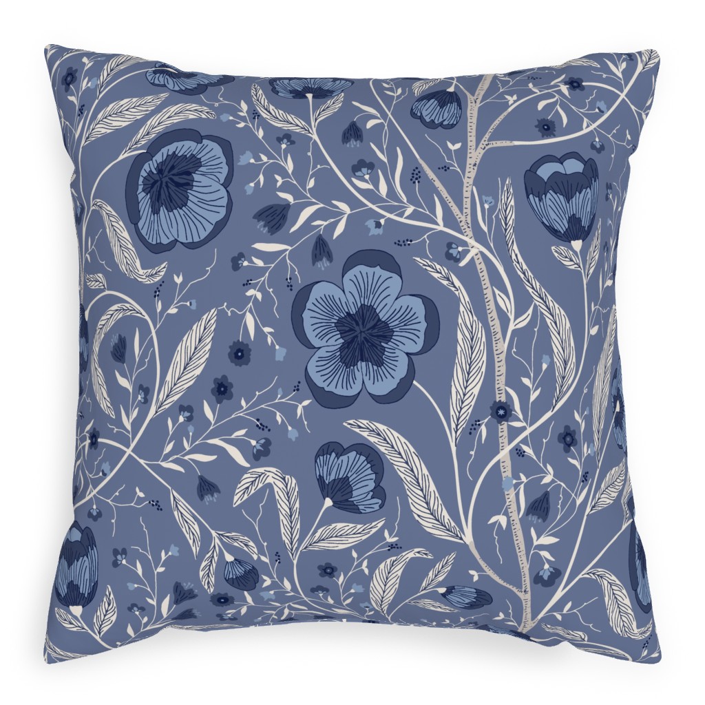 Climbing Flowers and Leafs - Blue Pillow, Woven, Beige, 20x20, Single Sided, Blue, True Blue