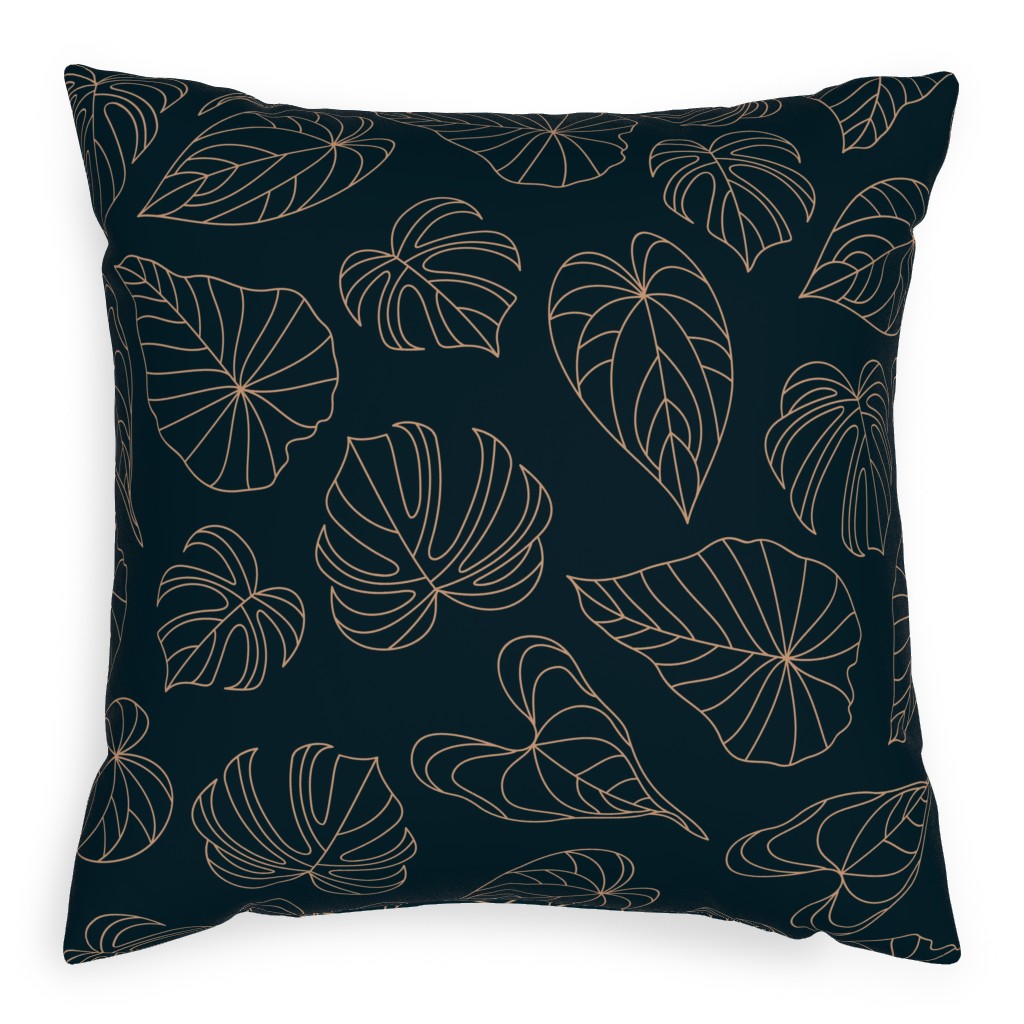 Minimalist Monstera Leaves - Dark Pillow, Woven, Beige, 20x20, Single Sided, Blue, True Blue
