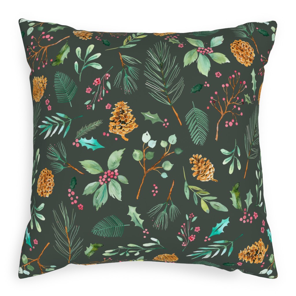 Christmas Holiday Botanical on Dark Green Pillow, Woven, Beige, 20x20, Single Sided, Blue