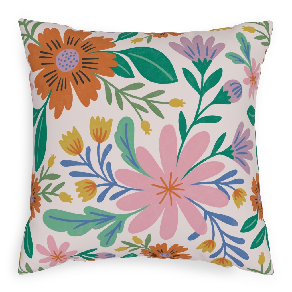 Happy Flowers - Multi on Pink Pillow, Woven, Beige, 20x20, Single Sided, Multicolor