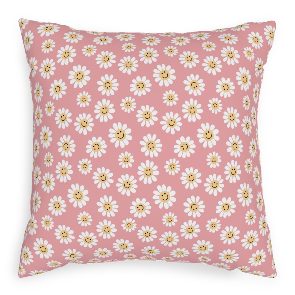 Smiley Daisy Flowers - Pink Pillow, Woven, Beige, 20x20, Single Sided, Pink, Bright Pink
