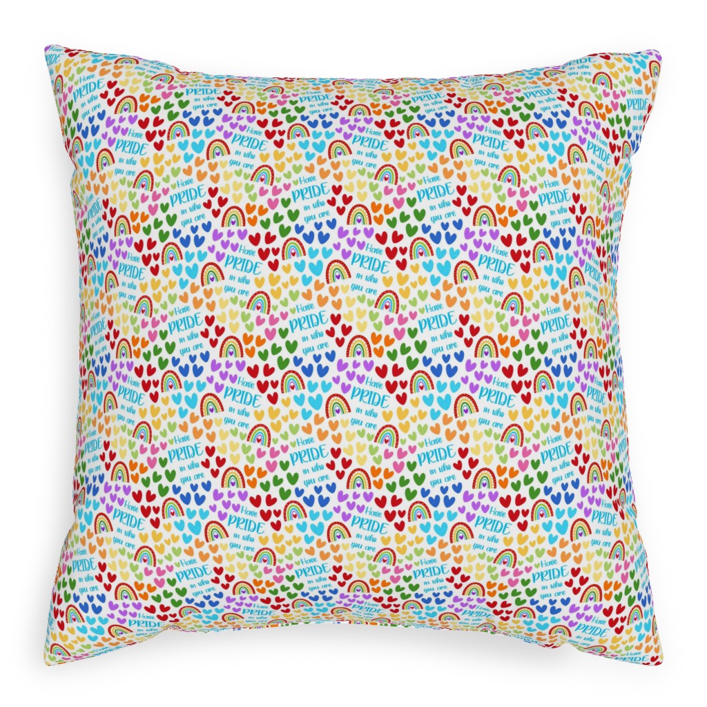 Have Pride in Who You Are Rainbows and Hearts Pillow, Woven, Beige, 20x20, Single Sided, Multicolor