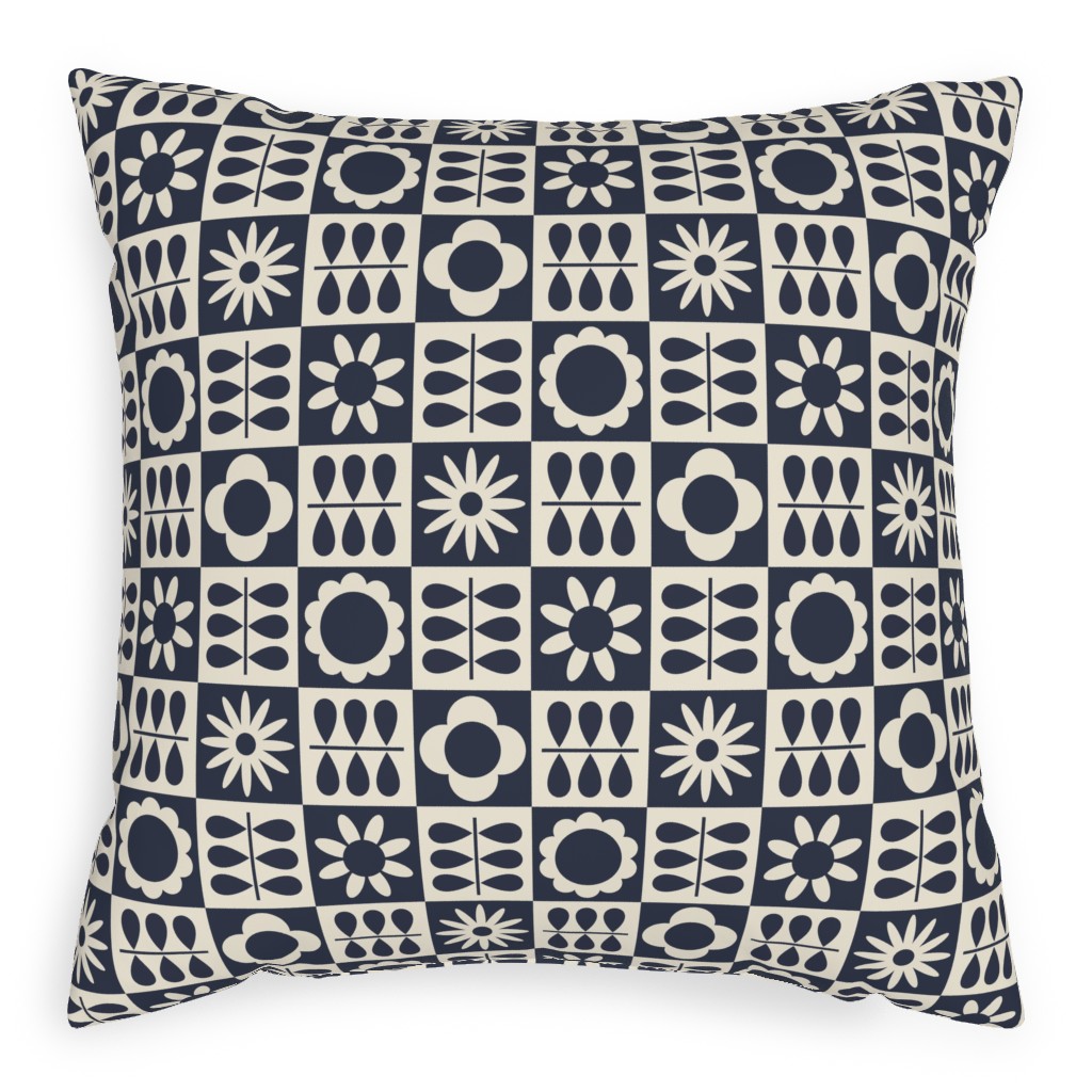 Scandinavian Checker Blooms - Off White and Navy Pillow, Woven, Beige, 20x20, Single Sided, Black