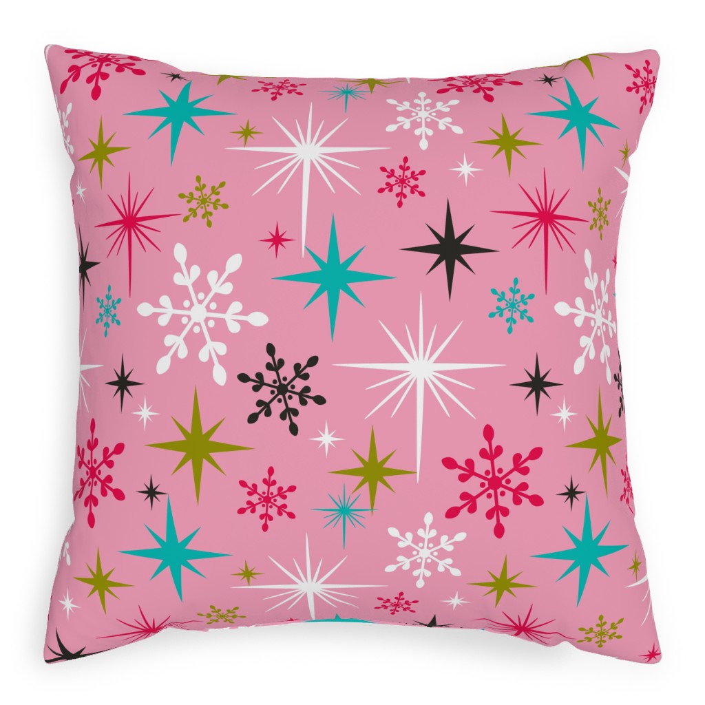 Stardust Retro Christmas Snowflakes and Stars - Pink Pillow, Woven, Beige, 20x20, Single Sided, Pink