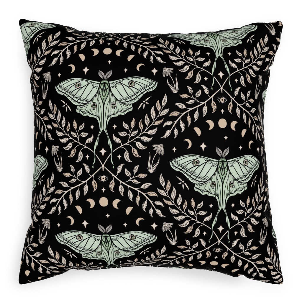 Luna Moths Damask With Moon Phases - Black Pillow, Woven, Beige, 20x20, Single Sided, Multicolor